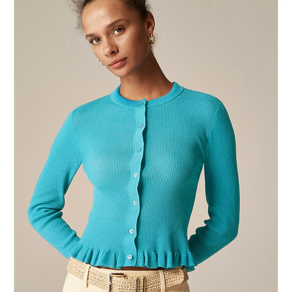 J Crew Ruffle Cardigan XS NWT White Sweater Gauze CJ433 J.Crew Ribbed - Picture 2 of 6